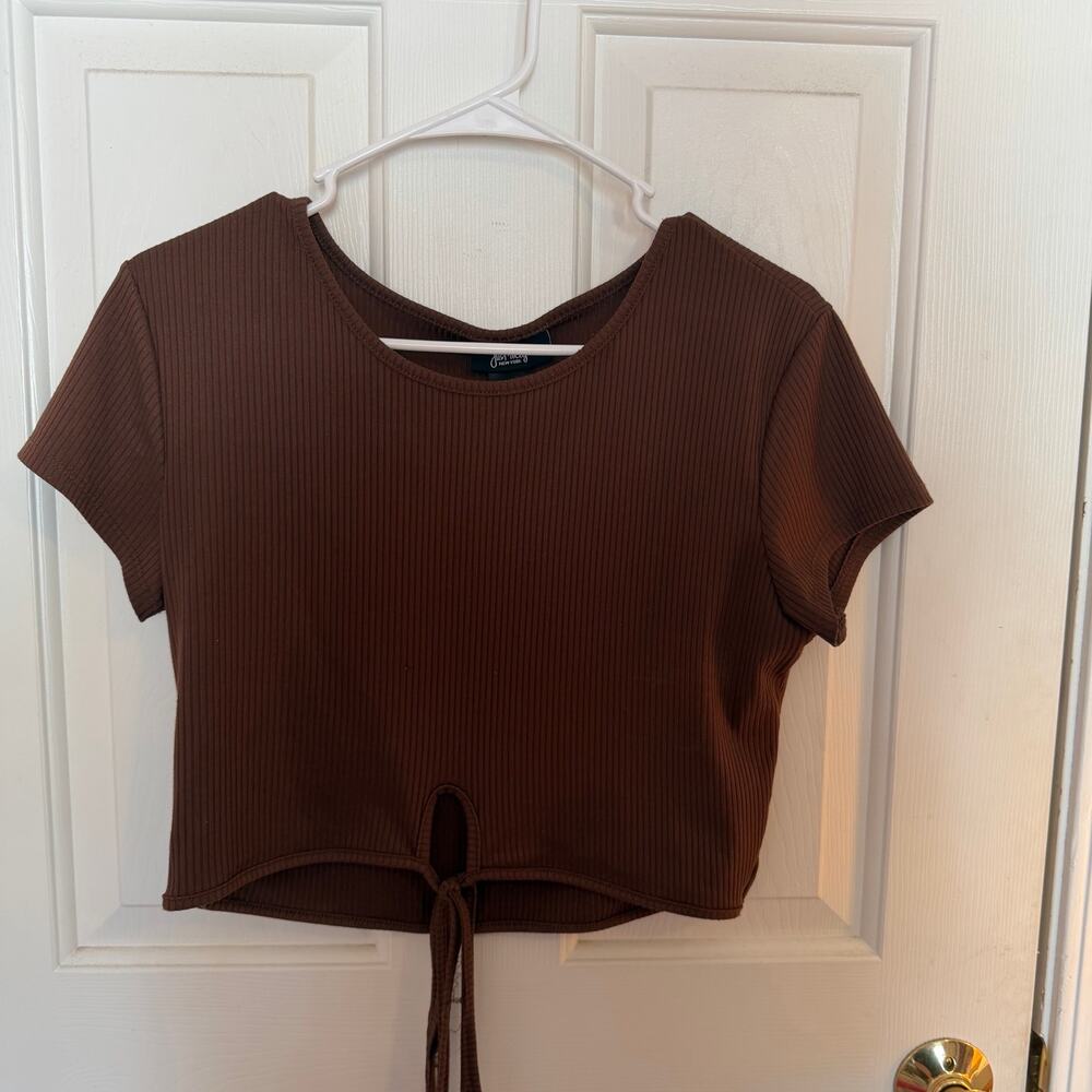 Just Polly Brown Ribbed Tie Waist Crop Top Tee Women's XL